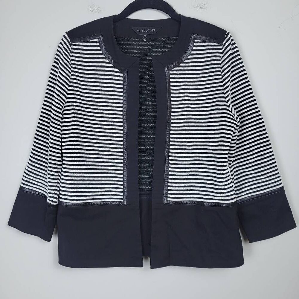 Ming Wang Womens Open Front Cardigan Size S Petite Black Striped Career Office